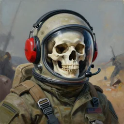 an artistic painting shows a skull wearing a space suit and two red headphones in a military uniform on a battle field, the helmet being used