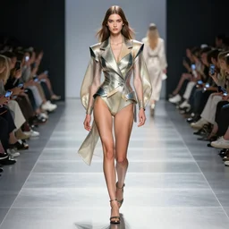 futuristic fashion show, beautiful model, full body illustration, highly detailed,