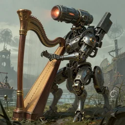 full shot portrait of medieval - cyberpunk - mech quadruped with giant laserturret and playing on the laser harp, cyberpunk 2 0 8 8, scene of swamp battleground background, elegant, digital illustration, detailed, intricate, sharp focus, digital painting, deep focus, artstation, matte, art by artgerm and greg rutkowski and alphonse mucha