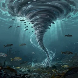 tornado made of thousand fishes underwater string waterflow illustration artwork cgart trending on artstation by jean giraud Ben Aronson many details detailed cinematic