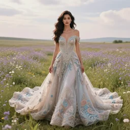 photo of a very beautiful!! woman on intricate dress in an endless heavenly meadow, 4 k, hdr, smooth, sharp focus, high resolution, award - winning photo, trending on artstation, 5 0 mm