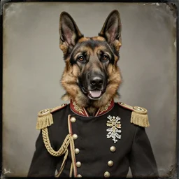 professional studio photo portrait of anthro anthropomorphic german shepard head animal person fursona smug smiling wearing elaborate military general uniform clothes degraded medium by Louis Daguerre daguerreotype tintype
