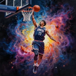 Expressive painting of a basketball player dunking, depicted as an explosion of a nebula, digital art by Ross Tran, trending on artstation