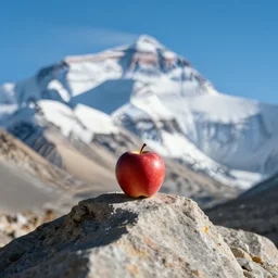 an 🍎 is sitting on the peak of mount everest, clear focus, bokeh effect, hasselblad, cinematic, professional photo
