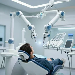 robotic dentist, highly advanced robotic arms hover over a patient's head while they sit in a dental chair, futuristic - h 6 4 0