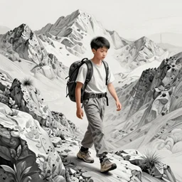asian boy, hiking in rocky mountain, intricate, elegant, digital painting, highly detailed, artstation, sharp focus, illustration, ruan jia, rutkowski