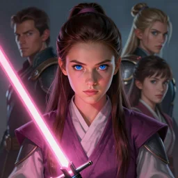 pretty blue eyed brunette girl!! pink lightsaber! jedi, fire emblem, art by artgerm and greg rutkowski and magali villeneuve, portrait, d & d, fantasy, highly detailed, digital painting, trending on artstation, concept art, sharp focus, illustration