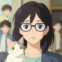anime portrait of one lady wearing eyeglasses with one cat by ilya kuvshinov, makoto shinkai, and artgerm, elegant, vivid colors, hyperdetailed artistic lines, intricate, in the style of borderlands, artstation, 8 k