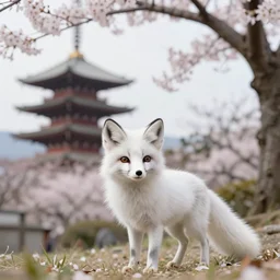 cute white fox under a sakura tree with kyoto in the background