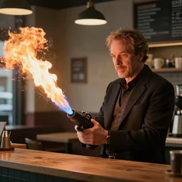 larry david in a coffee shop using a flamethrower, photograph, cinematic, dramatic lighting