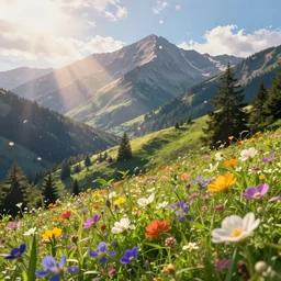 mountain landscape in summer!!!, flowers, trees, bright landscape, dreamy light, sunny, floating particles, complementary palette, by and jacek yerga and jesse king, pop surrealist, wiccan, unreal engine, bokeh, detailed