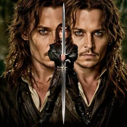 symmetry!! photography of johnny depp starring in the lord of the rings as aragorn wielding a sword, detailed - face!!, full - body - picture, wide - angle!!, cinematic, intricate, elegant, highly detailed, film still, nikon, canon eos, zeiss lens, dramatic lighting, sharp - focus!!, photography!!