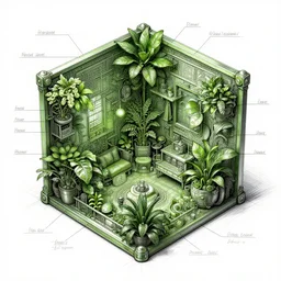annotated highly, detailed and intricate, small square room full of plants, marker concept art style rendering, concept art, half blueprint, trending on artstation, intricate details, center frame, annotations, metalic green, sketch