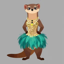 detailed flat 2 d : female marten character : wearing jewelry : wearing a showgirl sequins feathers dress : head legs : lorax movie : artstation