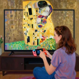 a painting of a happy female asa Butterfield mixed with pam beesly, she is content, happy, playing nintendo switch on the TV, by gustav klimt
