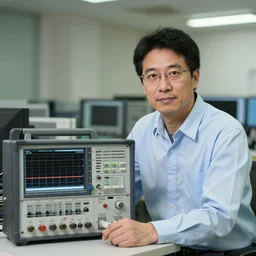 An Protogen electrical engineer standing behind a spectrum analyzer looking at the camera.