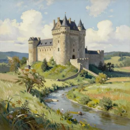 A beautiful paiting of a castle in the sunny valley, with wind keeping blowing over a small river