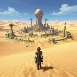 gameplay screenshot of final fantasy 1 8, arriving at the spiritual alien village, built in an oasis somewhere in the vast desert, square enix, jrpg, unreal engine, next gen graphics, rtx, path tracing, high fidelity, particle effects