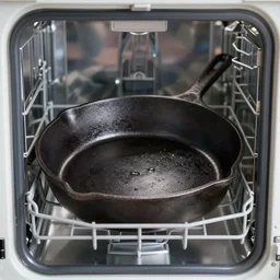 inside of a dishwashing machine showing a single cast-iron skillet inside of it laying sideways, highly detailed, high quality, HD, 4k, 8k, Canon 300mm, professional photographer, 40mp, lifelike, top-rated, award winning, realistic, sharp, no blur, edited, corrected, trending