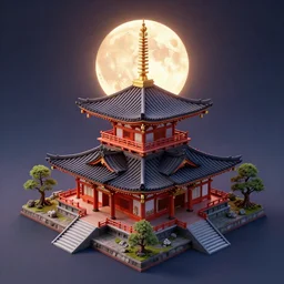 isometric japanese temple with full blood-moon behind the top, trending on artstation, 3D render, unreal engine 5