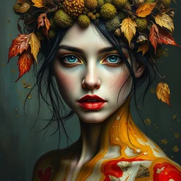 portrait of beautiful female model by irakli nadar with intricate detailed color smashing fluid oil paint and acrylic, dried moss and dried autumn leaves headdress, organic, haunting, elite, elegant, melting wax, mycelia, abstract impressionism, ruan jia, dark fantasy, hyper detailed, concept art, by gustav klimt, photography