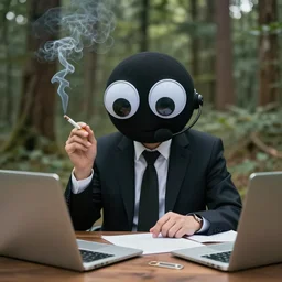 office assistant, paper clip with googly eyes, smoking a cigarette, in the woods, photography, depth of field, 4 k resolution