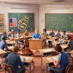 blender classroom scene by beeple artgerm, gonsalves, amanda sage, bauhaus, pennington, bernardi, kinkade, elson, mcquarrie, lacoste, rhads, syd mead, masson, frank stella, zeitguist, reinaldo, pedro conti, dalmiro buigues, de souza, 3 d artist, cgi, surrealism,