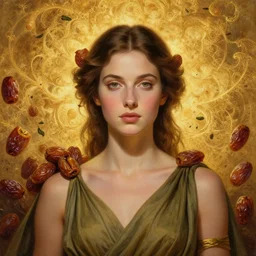 epic painting of beautiful goddess in olive dress with brown hair, golden glowing high quality luxurious background, close up portrait, photography by amy leibowitz, sweet dried dates fruits fractals, medjool dates wlop, jeremy lipkin, beeple, intricate golden fractals, tea leaves flying in the sky, symmetrical front portrait, artgerm