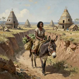 A woman is riding a donkey down a ravine in a post apocalyptic village of earth ships. We see her face. There are bushels of dried herbs draped over the donkey’s back. The woman is dark-skinned and holds a canteen. Realistic painting by john Harris. Wide, sweeping landscape. Very cinematic.