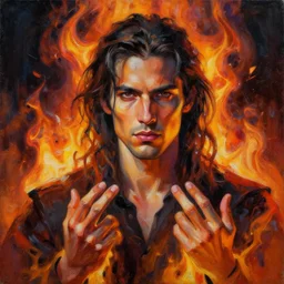 A highly detailed 4k abstract painting of man on fire. Handsome. Long hair. portrait.  ArtStation