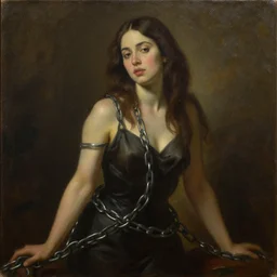 an oil painting of a beautiful woman in chains, cinematic lighting, establishing shot