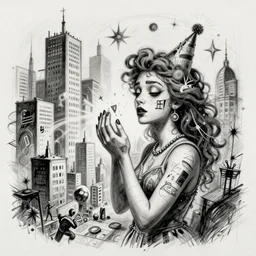 a sketch drawing, ultra detailed, crazy personage, atcurious, magic, love, beautiful woman, surreal city, in style of jean - michel basquiat, trending on artstation