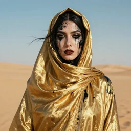 close up surrealist, psychedelic fashion portrait of woman in solid gold burkah, covered in black oil liquid, in the windy desert by tim winton and wes anderson