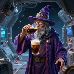 space coffee being drunk by a crazy caffeine wizard on a space station, it cool and futuristic in the space station