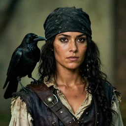 a portrait photo of a pirate woman, an 18th century hispanic with olive skin black eyes and short black hair, well defined jawline, young adult, dirty and ragged, wearing a black bandana,with a crow on her shoulder, HD photography, cinematic lighting, movie shot, no makeup