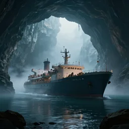 cinematic mid shot of a ship inside a giant cavern with a lake, light fog, trending on artstation, ambient light, 4 k, masterpiece