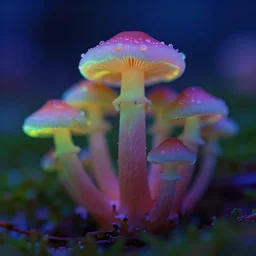 a macro shot of bioluminescent mushrooms mushrooms, dof, 4k, bokeh, acid pixie acid pixie, mystic hues