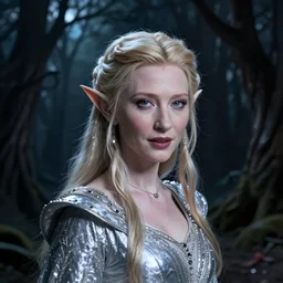 portrait of mischievous, enigmatic!!, dangerous youngster Galadriel (Cate Blanchett) as a queen of elves, dressed in a refined silvery garment. The background is a dark, chilling eastern european forrest.  night, horroristic shadows, higher contrasts, (((lumnious))), theatrical, character concept art by ruan jia, (((thomas kinkade))), and J.Dickenson, trending on Pinterest, ArtStation