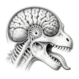 hyper-detailed color pencil antique medical illustration of Kaiju head crosssection, nautilus brain, ribcage, xhenomorph, with tongue coming out of open mouth and exposed jaw bone, symmetrical