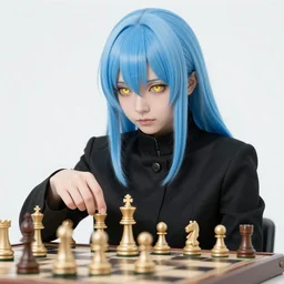 rimuru playing chess, with gold eyes, sky blue straight hair, bangs, wearing a black jacket, high collar, concept art, award winning photography, digital painting, cinematic, by wlop, anime key visual, wlop, pixiv, 8 k, by ross tran, tom bagshaw, ilya kuvshinov,