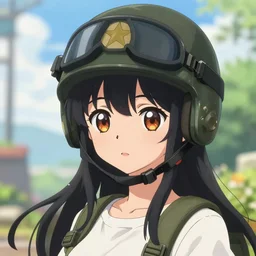 Cute young girl in anime style with black hair and a army helmet in the style of Shōjo Shūmatsu Ryokō (girl's last tour), pixiv, pinterest anime, art by Steve Hanks, art by Alyssa Monks, endless summer art, realistic, wide focus, 8k ultra, insanely detailed, intricate, elegant, art by Laurie Lipton, digital art by James Clyne, art by Steve Hanks