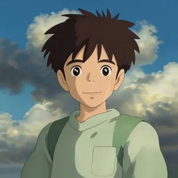 Boy slighty smiling, dramatic clouds, made by Studio Ghibli, Accent lighting, front lit, highly detailed art, beautiful scene, sharp focus, smooth, 8k, artgerm