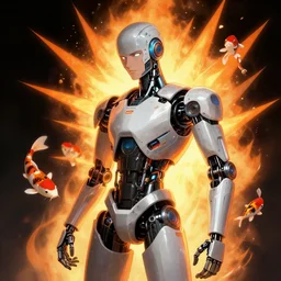 a robotic man, cyberpunk, koi fish, orange spike aura, detailed artwork trending on artstation by greg rutkowski