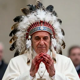 the Pope wearing feathered native american war bonnet with blood in his hands, high quality photograph