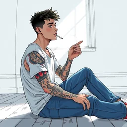 a tattooed young and thin latino guy sitting on the floor in a well lit white room wearing a sleeveles shirt and blue jeans, short hair, tattoos, smoking, illustration, detailed, natural light, wide angle lens, art by greg rutkowski