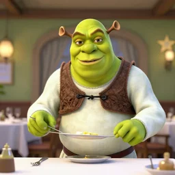 shrek as a server in a Michelin star restaurant, photorealistic, 3d render, award winning render, unreal engine, octane render, studio lighting, 8k, hd