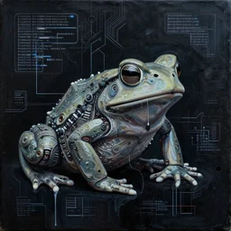 toads, big toad, mechanical artwork, technical, abstract, acrylic, oil, circuit board, clay, lines, vektroid, dots, drips, dimensions, tears, leaks, glitches, geometry, data, datamosh, motherboard, minimal, vinyl, code, cybernetic, painting, dark, eerie, cyber