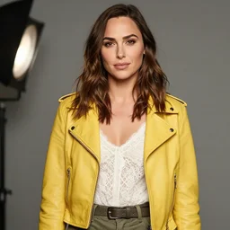 headshot of gal gadot, wearing a yellow leather jacket, white lace top and green cargo pants with a belt, photoshoot in the style of annie leibovitz, studio lighting, soft focus, bokeh
