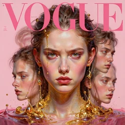3 d, close - up, boiling liquid gold and pink water, frown fashion model, vogue cover style, poster art, high detail, intricate oil painting, multiple exposure, hell mood, hyperrealism, 3 d, by tooth wu and wlop and beeple and greg rutkowski