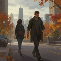 walk in chicago, cyberpunk 2 0 7 7, volumetric lighting, autumn, morning, overcast weather, few clouds, realistic illustration, perfectly shaded, soft painting, art by krenz cushart and wenjun lin